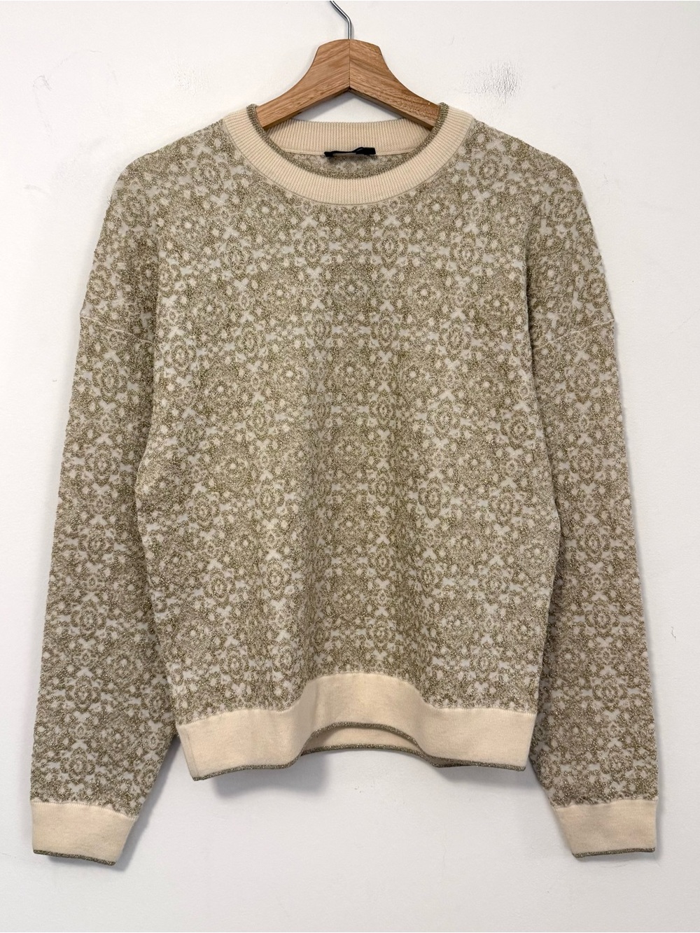 JOSEPH Lurex Jacquard Wool Metallic Sweater Size L Gold Cream Floral Knit